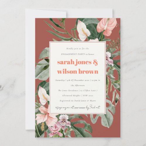 Chic Brown Blush Boho Tropical Floral Engagement Invitation