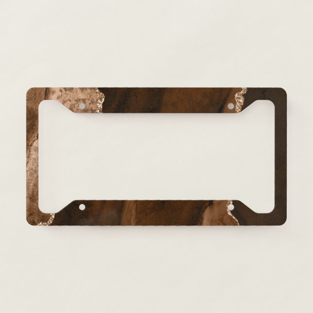Chic Brown Blush Glitter Agate Custom Monogram License Plate Frame (Front)