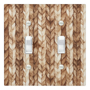 Chic Brown Cream Faux Woven Stripes Light Switch Cover
