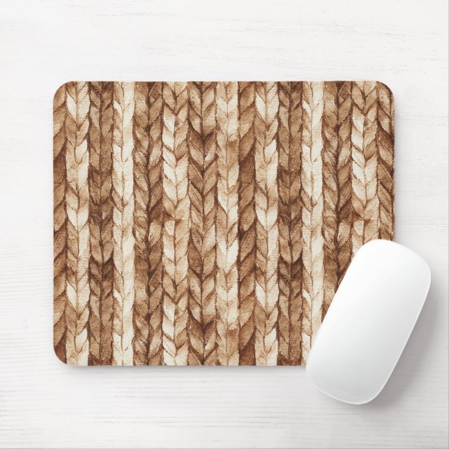 Chic Brown Cream Faux Woven Stripes Mouse Pad (With Mouse)