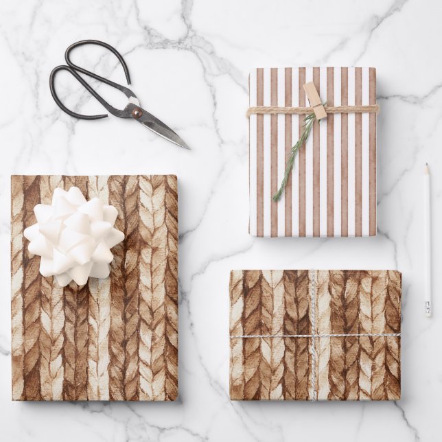 Chic Brown Cream Faux Woven Stripes Wrapping Paper Sheets (Front)
