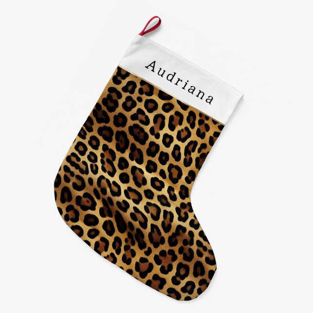 Chic Brown Gold Leopard Animal Print Christmas  Large Christmas Stocking (Front (Hanging))