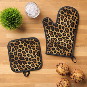 Chic Brown Gold Leopard Oven Mitt & Pot Holder Set