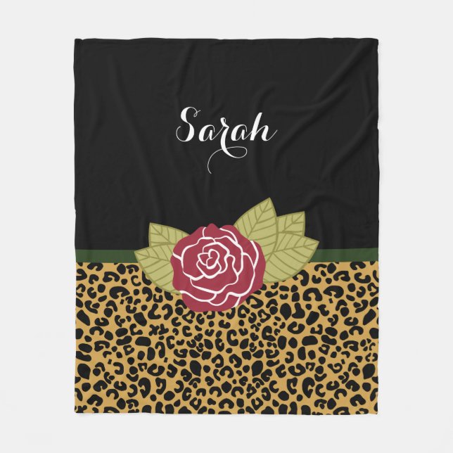 Chic Brown Gold Leopard Print Red Rose With Name Fleece Blanket (Front)