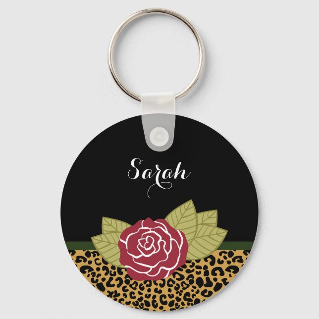 Chic Brown Gold Leopard Print Red Rose With Name Keychain (Front)