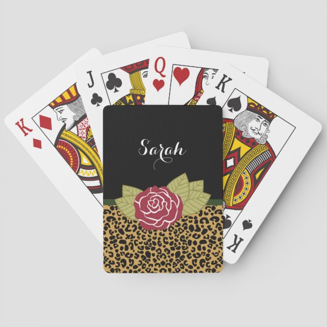 Chic Brown Gold Leopard Print Red Rose With Name Poker Cards (Back)