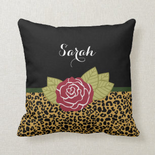 Chic Brown Gold Leopard Print Red Rose With Name Throw Pillow