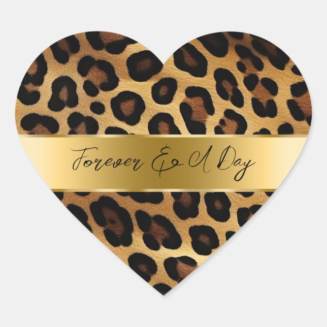 Chic Brown Gold Leopard Wedding Heart Sticker (Front)