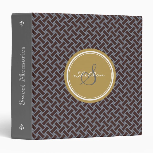 Chic brown greek key geometric patterns monogram 3 ring binder (Front/Spine)