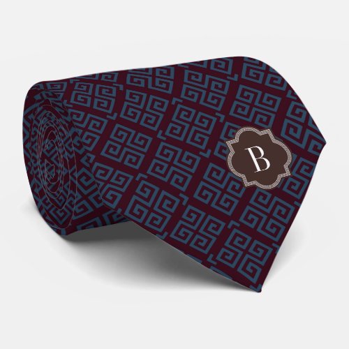 Chic brown greek key geometric patterns monogram neck tie