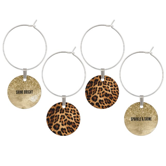Chic Brown Leopard Print Glam Gold  Wine Charm (Staggered)