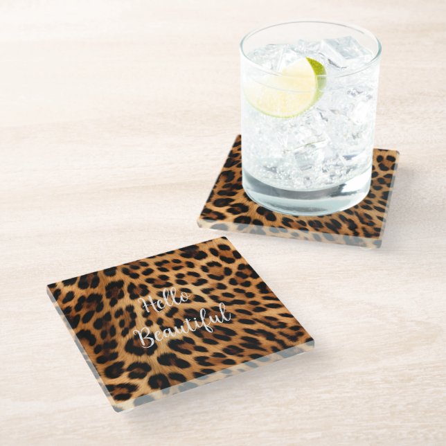 Chic Brown Leopard Print  Glass Coaster (Angled)