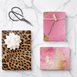 Chic Brown Leopard Print Pink Gold Wrapping Paper Sheets