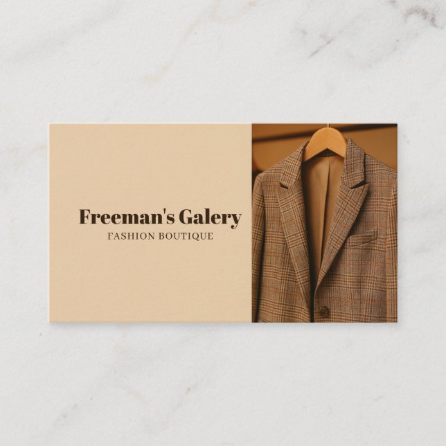 Chic Brown Plaid Coat Layout Clothing Store Business Card (Front)
