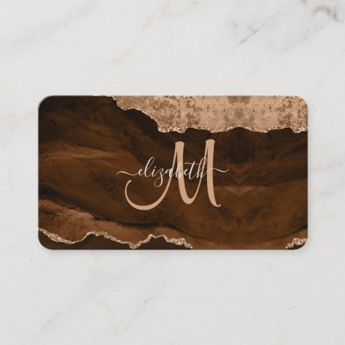 Chic Brown Rose Gold Glitter Agate Custom Monogram Business Card