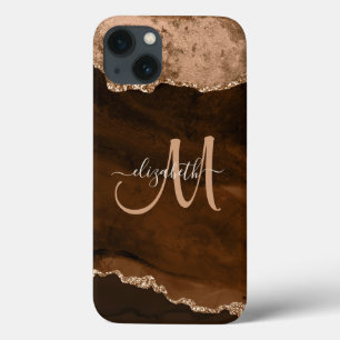 Chic Brown Rose Gold Glitter Agate Custom Monogram iPhone 13 Case