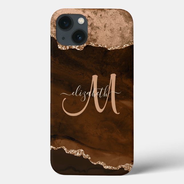 Chic Brown Rose Gold Glitter Agate Custom Monogram Case-Mate iPhone Case (Back)