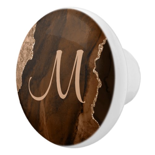 Chic Brown Rose Gold Glitter Agate Custom Monogram Ceramic Knob