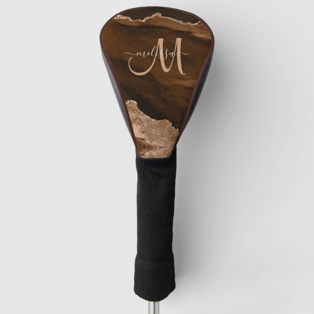 Chic Brown Rose Gold Glitter Agate Custom Monogram Golf Head Cover (Front)