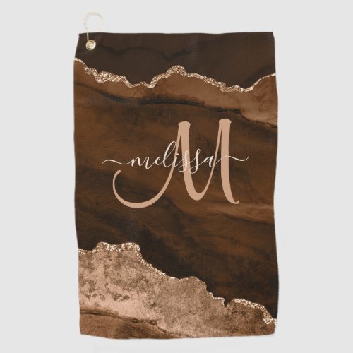 Chic Brown Rose Gold Glitter Agate Custom Monogram Golf Towel