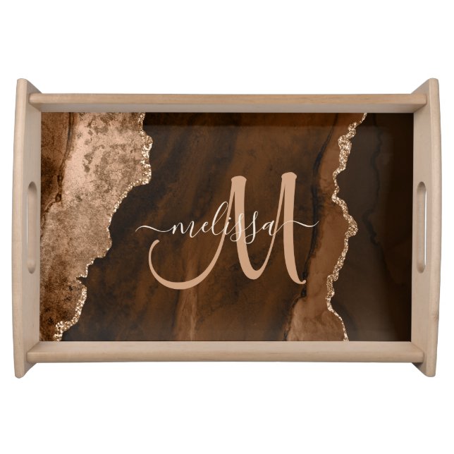 Chic Brown Rose Gold Glitter Agate Custom Monogram Serving Tray (Front)