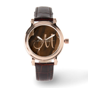 Chic Brown Rose Gold Glitter Agate Custom Monogram Watch