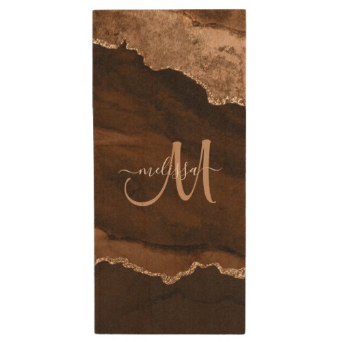 Chic Brown Rose Gold Glitter Agate Custom Monogram Wood Flash Drive