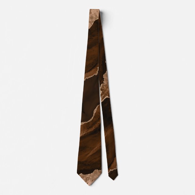Chic Brown Rose Gold Glitter Agate Marble Wedding Neck Tie (Front)