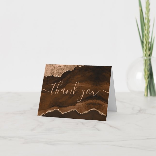 Chic Brown Rose Gold Glitter Agate Monogram Letterpress Thank You Card (Front)