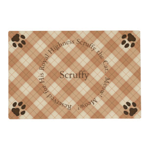 Chic Brown Tartan Personalized Name & Message Cat Placemat