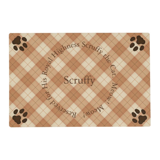 Chic Brown Tartan Personalized Name & Message Cat Placemat (Front)