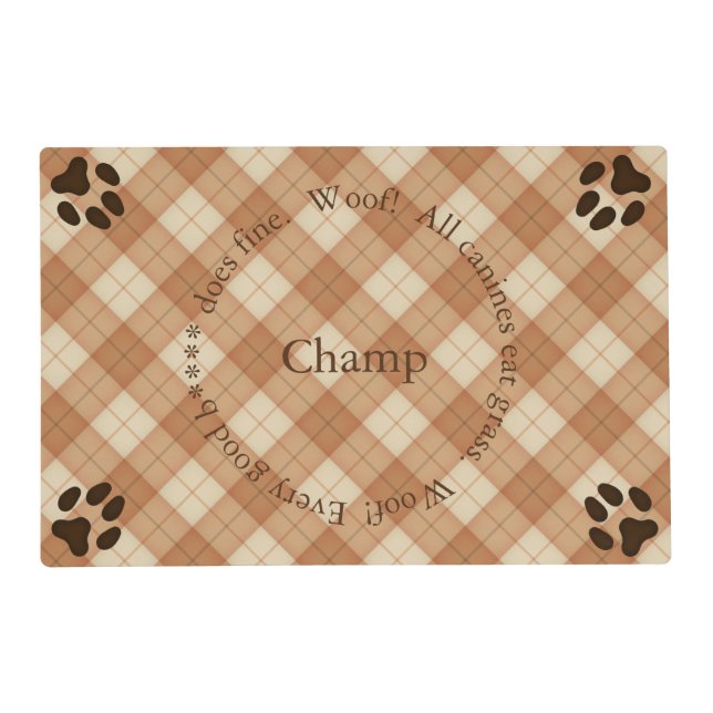 Chic Brown Tartan Personalized Name & Message Dog Placemat (Front)