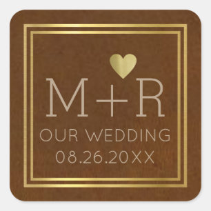 chic brown wedding monogrammed square sticker