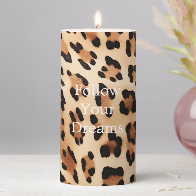 Chic Brown White Leopard Print Pillar Candle (In Situ)