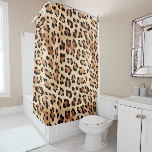 Chic Brown White Leopard Print Shower Curtain (In Situ)