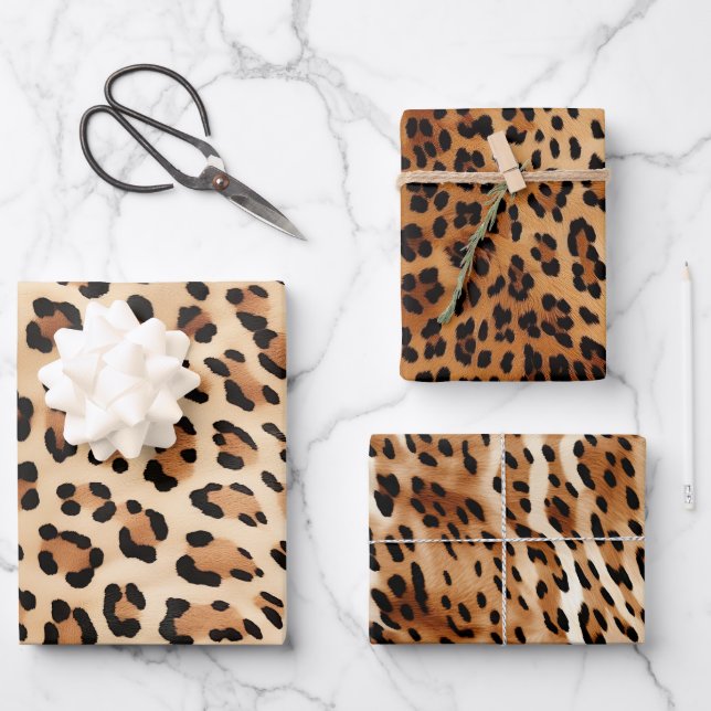 Chic Brown White Leopard Print Wrapping Paper Sheets (Front)