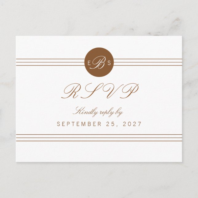 Chic Brown White Monogram Response RSVP Postcard (Front)