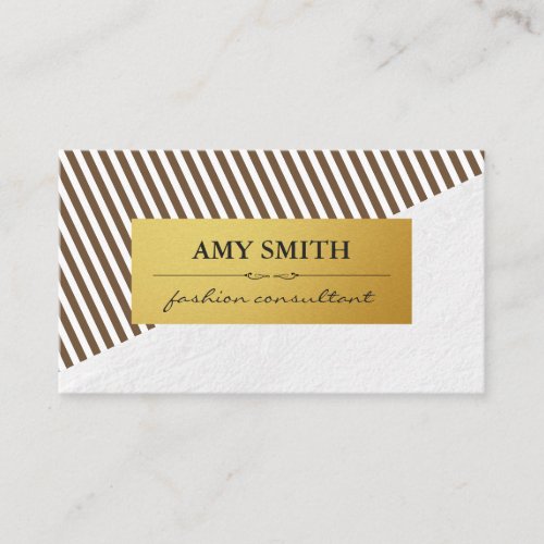 Chic Brown White Stripes Faux Metallic Gold Business Card