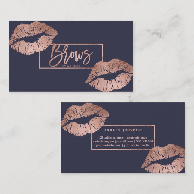 Chic brows typography lips faux rose gold business card (Front/Back)