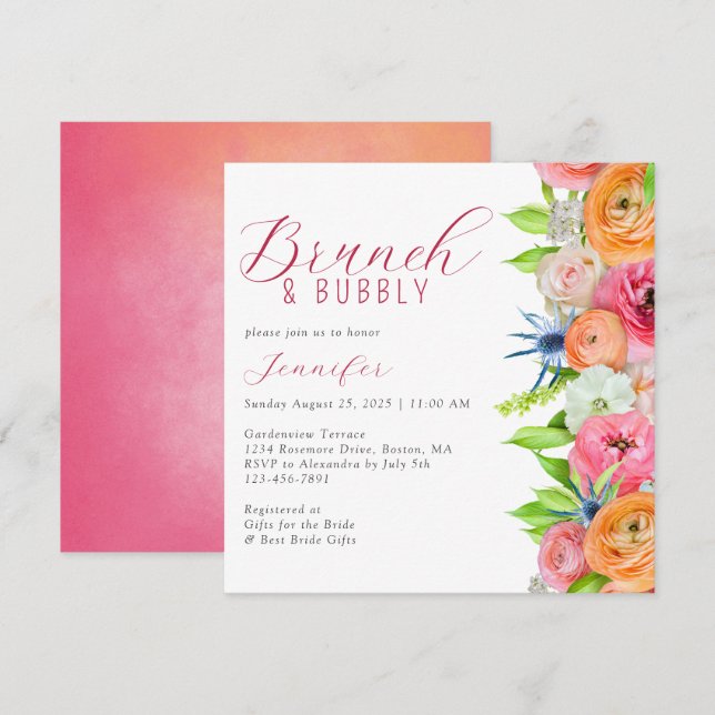 Chic Brunch and Bubbly Floral Bridal Shower Invitation (Front/Back)