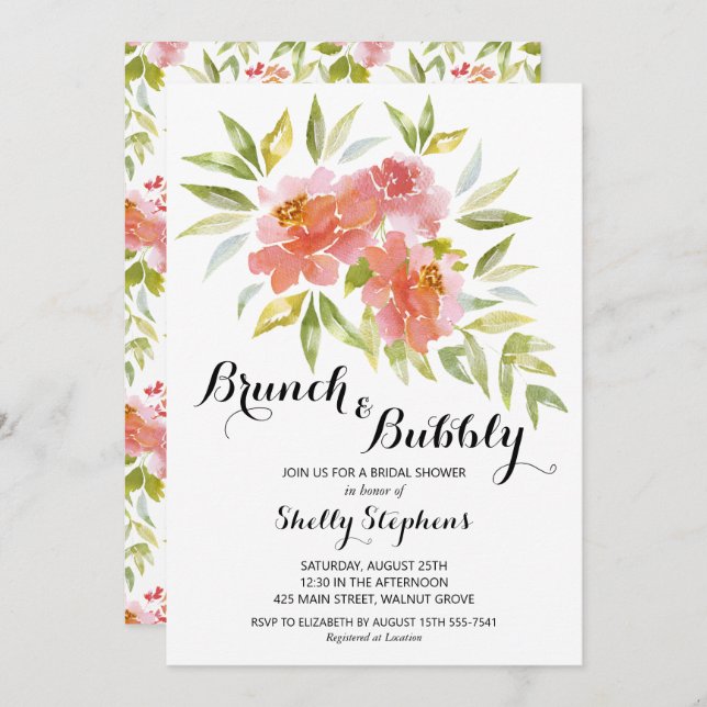 Chic Brunch and Bubbly Floral Invitations (Front/Back)