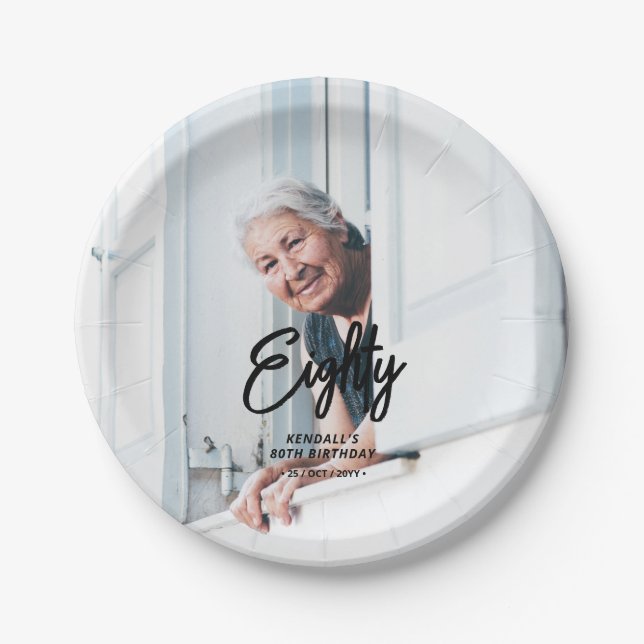 Chic Brush Script Custom Photo Birthday Party Paper Plates (Front)