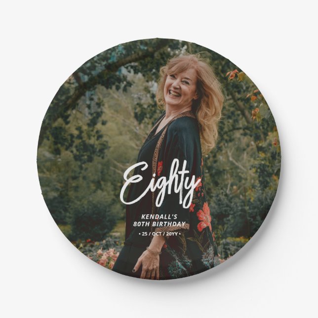 Chic Brush Script Custom Photo Birthday Party Paper Plates (Front)