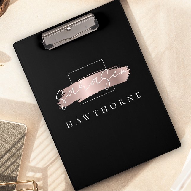 Chic Brush Stroke Black Faux Rose Gold Monogram Clipboard (Creator Uploaded)