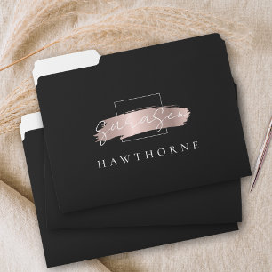 Chic Brush Stroke Black Faux Rose Gold Monogram File Folder