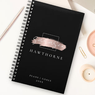 Chic Brush Stroke Black Faux Rose Gold Monogram Planner