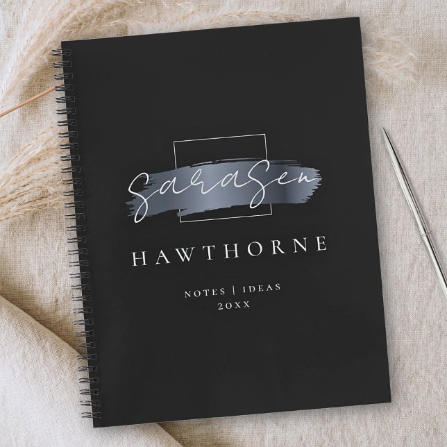 Chic Brush Stroke Black Faux Silver Gray Monogram Notebook (Creator Uploaded)