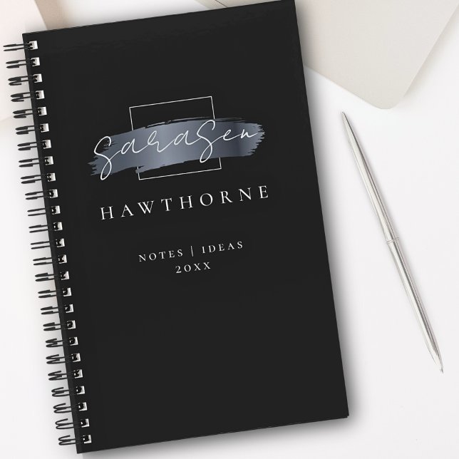 Chic Brush Stroke Black Faux Silver Gray Monogram Notebook (Creator Uploaded)
