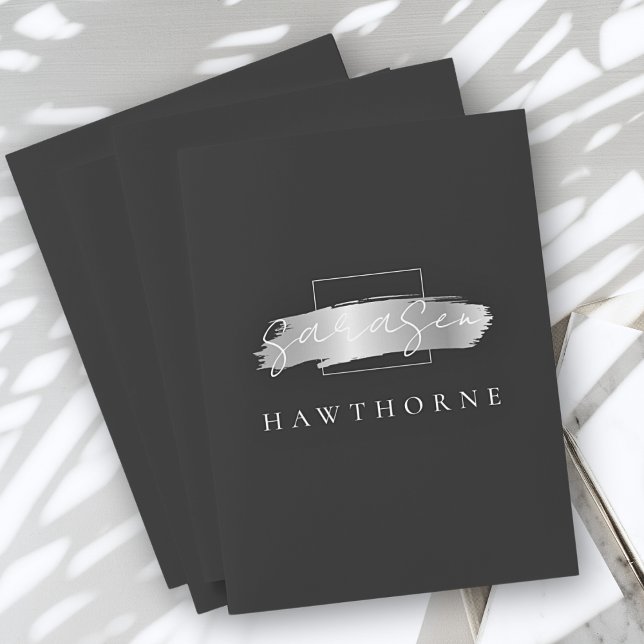 Chic Brush Stroke Black Faux Silver Monogram Pocket Folder (Creator Uploaded)