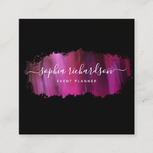 Chic Brush Stroke  Faux Pink on Black Square Business Card